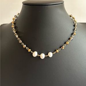 Choker Necklace Pearl and Crystals, 14” Black Bronze Real Pearls